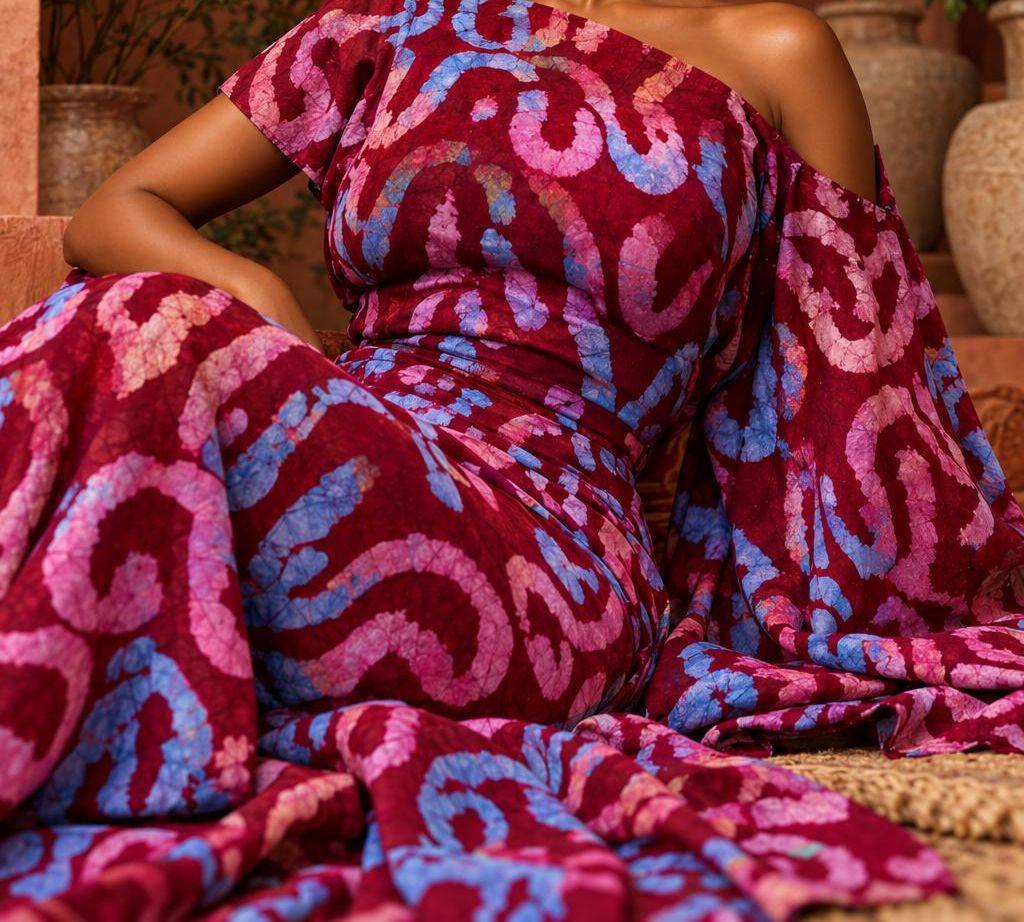 Close view of a crimson adire gown with pink and sky-blue wave motifs, draped on the floor